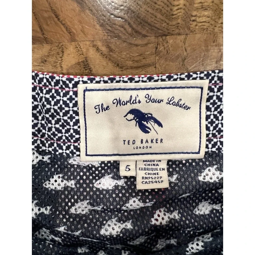 Ted Baker Swim Trunks Mens 5 XL Red White Seersucker Stripe Lobster Excellent